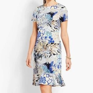 Talbots Petites Floral Shift Dress – Blue, Yellow & Tan Fern Print, Size‎ 6P